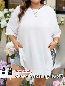 SHEIN CURVE+ Curve 尺码 US22 音乐节、海滨度假、波西米亚风女装春夏时尚休闲宽松舒适基础款日常黑色下摆开衩短袖T恤，简约风格，外出上衣，T恤，女士机场穿搭，欧洲春夏秋冬 - 白色 - 查看 1