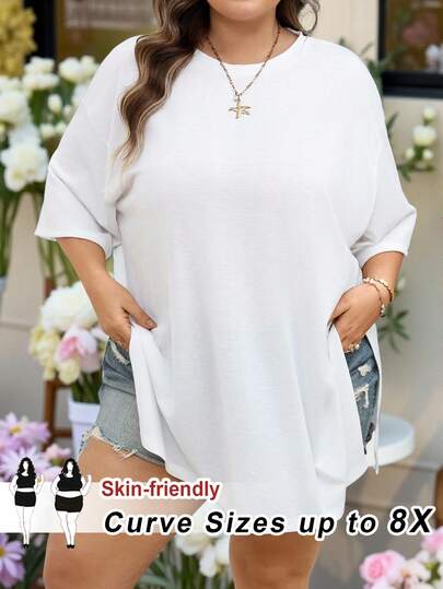 SHEIN CURVE+ Curve 尺码 US22 音乐节、海滨度假、波西米亚风女装春夏时尚休闲宽松舒适基础款日常黑色下摆开衩短袖T恤，简约风格，外出上衣，T恤，女士机场穿搭，欧洲春夏秋冬