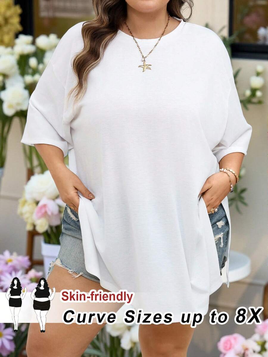 SHEIN CURVE+ Curve 尺码 US22 音乐节、海滨度假、波西米亚风女装春夏时尚休闲宽松舒适基础款日常黑色下摆开衩短袖T恤，简约风格，外出上衣，T恤，女士机场穿搭，欧洲春夏秋冬 - 白色 - 查看 1