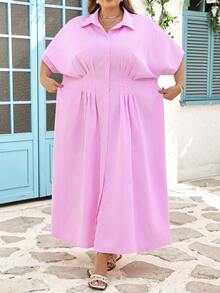 SHEIN CURVE+ Curve 尺码 US22 音乐节、海滨度假、波西米亚风女士条纹蝙蝠袖收腰休闲长款衬衫裙 夏季粉色 - 粉色 - 查看 9