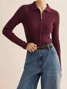 Sueter mujer básico tejido de punto canale manga larga cuello camisero cremallera frontal elegante cómodo casual moderno suave versátil otoño invierno para diario o para trabajo - Vino - Ver 1