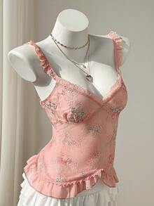 Elamini Áo hai dây ren lưới thêu họa tiết ngọt ngào dành cho nữ, áo kiểu gợi cảm cho kỳ nghỉ hè. - Hồng - Xem 1