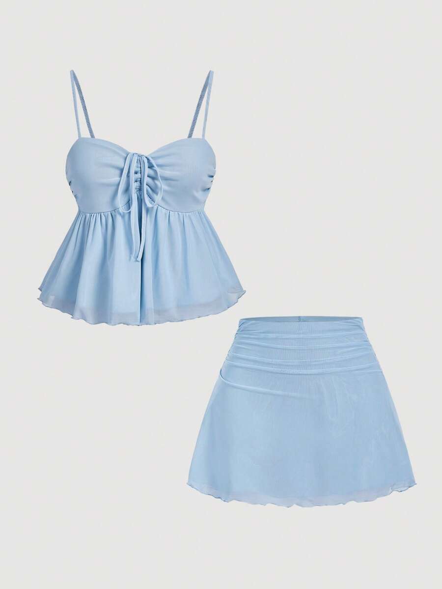 SHEIN MOD Conjunto de Top Camisole Amarelo e Mini Saia para Mulheres, Top Cropped de Verão, Roupa de Festival de Música, Top Sem Costas, Conjunto Fofo de Verão, Top Babydoll para Mulheres, Conjuntos Amarelo para Mulheres, Conjuntos de Duas Peças de Verão, Amarelo Manteiga - Azul - Visão 1
