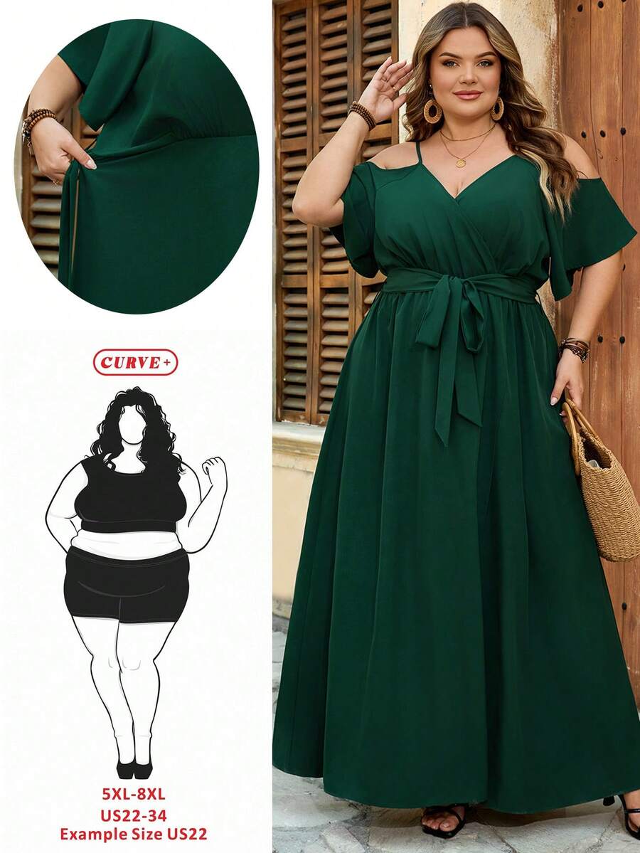 SHEIN CURVE+ Curve 尺码 US22 音乐节、海滨度假、波西米亚风女士夏季休闲度假风纯色露肩高开衩腰带连衣裙 - 墨綠色 - 查看 1