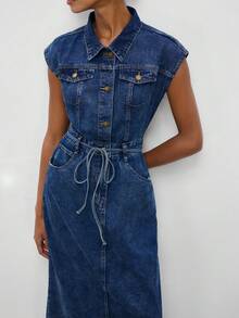 Maija Women's Blue Denim Dress, Classic Shirt Denim Skirt, Bow Tie, Openwork Back, Elegant Summer Dress - Medium Wash - View 6