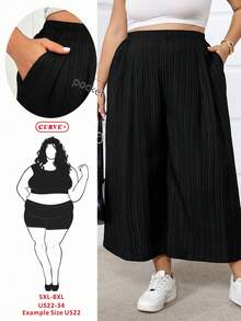 SHEIN CURVE+ Quần ống rộng màu hồng dành cho nữ cỡ lớn, thời trang xuân hè, thoải mái, thoáng mát, cơ bản, đa năng, chất liệu vải mềm mại, cạp chun, kiểu dáng đơn giản, thích hợp mặc hàng ngày, cạp chun, dáng lửng, phong cách châu Âu, mùa hè, quần Capri, quần đi nghỉ mát/2026/Năm mới - màu đen - Xem 11