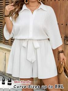 SHEIN CURVE+ Áo liền quần cỡ US22 dành cho lễ hội âm nhạc, kỳ nghỉ bên bờ biển, phong cách BohemiaPlus, tay áo cánh dơi thắt nút phía trước. - trắng - Xem 10