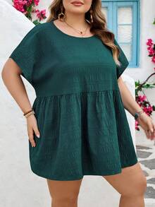 SHEIN CURVE+ Curve 尺码 US22 音乐节、海滨度假、波西米亚风夏季休闲纯色纹理蝙蝠袖衬衫 - 綠色 - 查看 4
