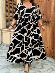 SHEIN CURVE+ Váy cỡ US22 dành cho nữ, thích hợp cho lễ hội âm nhạc, kỳ nghỉ bên bờ biển, phong cách bohemian. Váy mùa hè in hoa, cổ chữ V, tay bồng, thắt eo. - Màu xanh lam - Xem 5