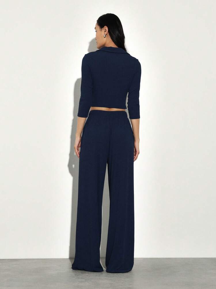 KSTM Navy Blue Collared Button Down Crop Top And Wide Leg Pants Two Piece Co Ord Set For Women Professional Office Casual Workwear