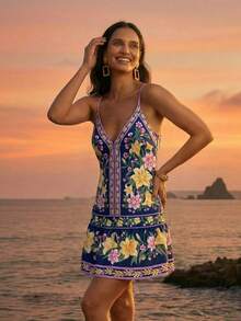 CAJUNI Đầm ngắn họa tiết hoa lãng mạn, bộ sưu tập kỳ nghỉ nhiệt đới. - Xanh đậm - Xem 6