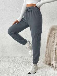 Cottnline Drawstring Waist Flap Pocket Side Cargo Sweatpants - Dark Grey - View 5