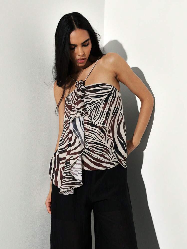 KSTM Zebra Print Halter Neck Draped Tank Top With Tie Detail Summer Festival Sleeveless Blouse For Evening Party Casual Wear