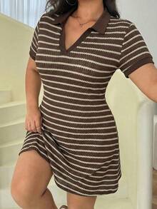 Solflare 大码女式条纹休闲短袖连衣裙 - 棕色 - 查看 3