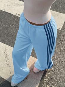 SHEIN Muchic Light Blue Knit Patchwork With Navy Ribbon Casual Wide Leg Sweatpants For Women - Baby Blue - View 5