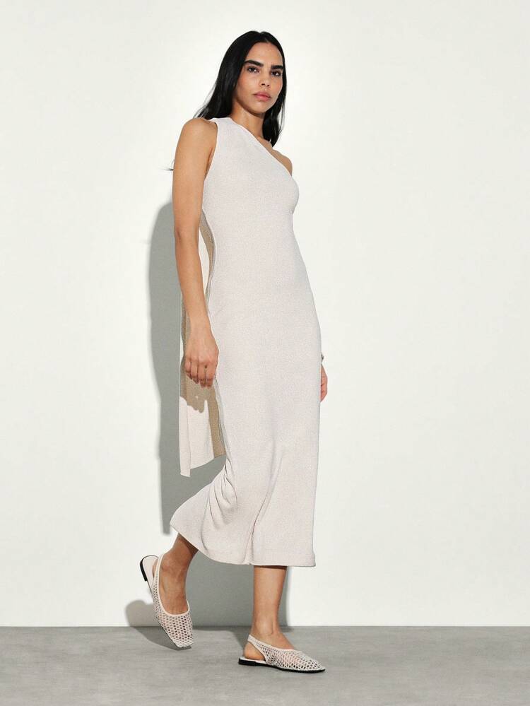 KSTM One Shoulder Asymmetric Midi Dress With Scarf Detail Ribbed Knit Bodycon Evening Party Dress Side Slit Design