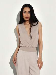 KSTM Women's Sleeveless Knit Vest With Deep V-Neck And Ribbed Waistband Casual Tank Top - Khaki - View 5