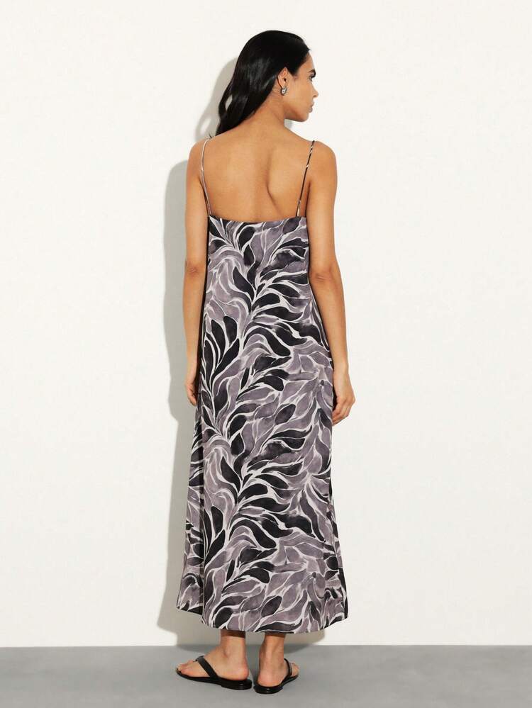KSTM Abstract Swirl Print Cami Maxi Dress With Spaghetti Straps Summer Vacation Beach Flowy Ankle Length Sleeveless Sundress