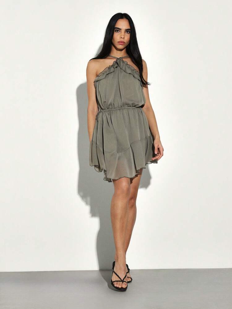 KSTM Asymmetric Chiffon Mini Dress With Ruffle Details And Halter Neck For Summer Date Night Party