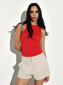 KSTM Sleeveless Ribbed Knit Tank Top Summer Casual Fitted Basic Essential Wardrobe Staple Crew Neck Versatile Layering Piece Contemporary Style - Red - View 4