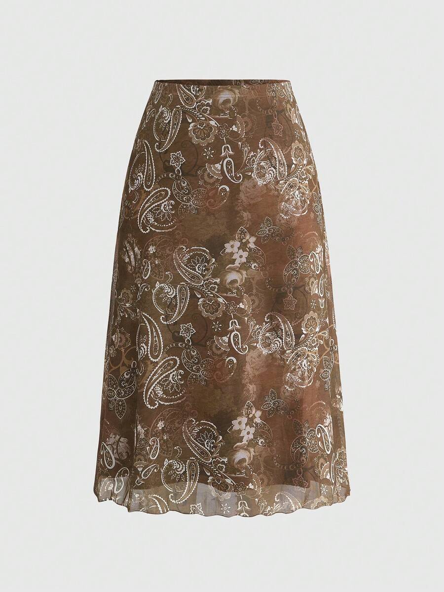 ROMWE Fairycore 大码女式波西米亚风网纱印花A字裙 - 彩色 - 查看 1