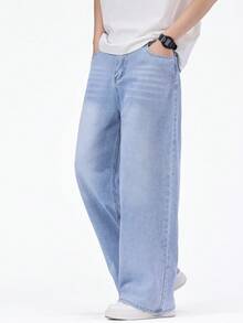 SHEIN Mirajuku 休闲宽松直筒水洗灰色牛仔裤，适合青少年和年轻男士，四季皆宜 - 淺色水洗藍 - 查看 4