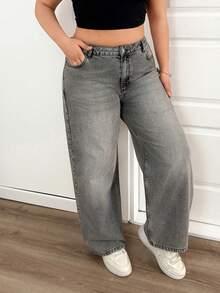 EURMUSE Plus High Waist Snow Wash Straight Jean - Grey - View 4