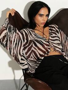 KSTM Blusa de gasa con estampado de cebra, cuello en V con cordones, mangas largas, estilo bohemio y festival, con bajo asimétrico y estampado animal - Multicolor - Ver 8