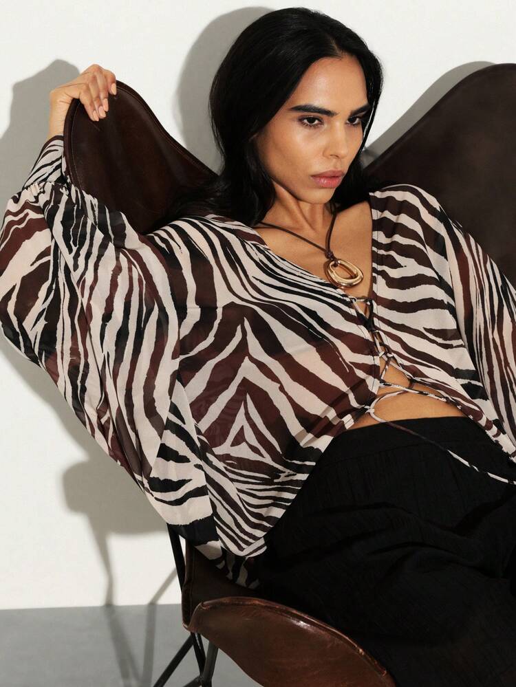 KSTM Zebra Print Chiffon Blouse With Lace Up Front V Neck Long Sleeves Bohemian Festival Top Flowing Asymmetrical Hem Animal Print