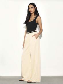 KSTM Women High Waisted Wide Leg Pleated Trousers Tailored Dress Pants Office Business Casual Palazzo Pants With Belt Loops - Light Yellow - View 3