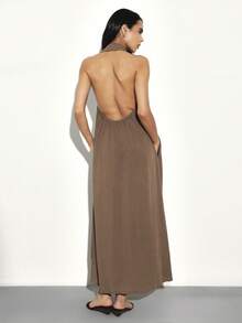 KSTM Halter Neck Button Front Long Dress With Open Back Design Summer Maxi Dress - Brown - View 2
