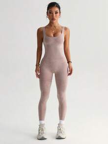 Seamluxe SHEIN Sport 无袖无缝高弹瑜伽健身连体衣 - 卡其色 - 查看 5