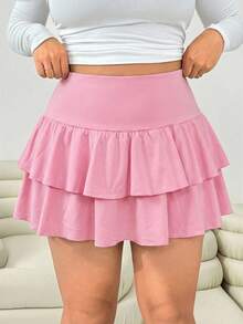 Plus Size Women Spring/Summer Casual Pink Ruffle Hem Skirt - Pink - View 3
