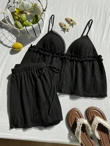 Comfortcana Plus Size Women Summer Casual Vacation Solid Color Textured Fabric Lace Trim Babydoll Cami Top And Shorts Set - Black - View 6