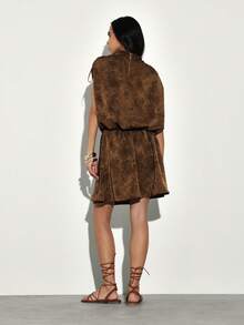 KSTM Drawstring Detailed Mock Neck Mini Dress With Shoulder Tie Accents And Blouson Silhouette For Casual Chic Style - Brown - View 2