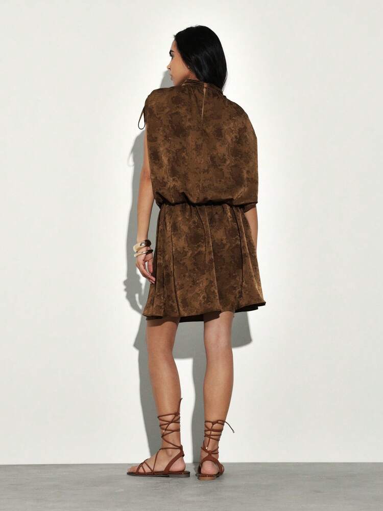 KSTM Drawstring Detailed Mock Neck Mini Dress With Shoulder Tie Accents And Blouson Silhouette For Casual Chic Style