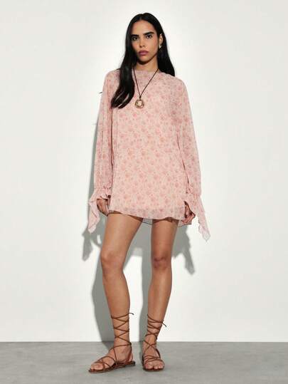 KSTM Floral Chiffon Mini Dress With Long Sleeves Boho Handkerchief Hem  Festival Spring Summer Casual FeminineMISSGUIDED