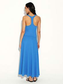 KSTM Vestido largo sin mangas con espalda de tirantes, estilo de vestido largo de tirantes con abertura lateral para verano, vacaciones en la playa, fluido, de largo midi, informal - azul real - Ver 2