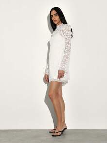 KSTM Women's White Lace Long Sleeve Mini Dress High Neck Bodycon Party Evening Formal Dress With Ruching Detail - White - View 3