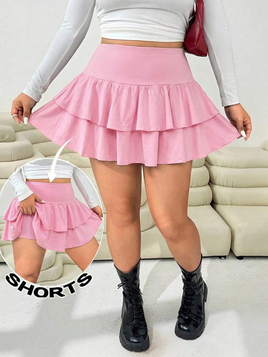 Plus Size Women Spring/Summer Casual Pink Ruffle Hem Skirt - Pink - View 1