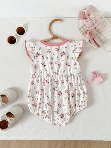 Cozy Pixies Baby Mädchen Blume Muster Kontrast Farbe Schleife Rundhals ärmelloses Romper - Pink - Übersicht 2