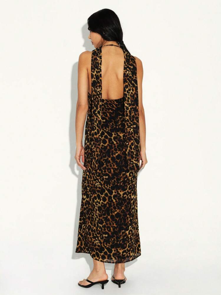 KSTM Leopard Print Halter Neck Maxi Dress With Scarf Drape Detail And Cowl Neckline For Evening Party Occasions