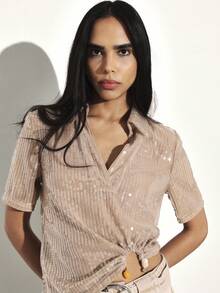 KSTM Sequin Button Up Blouse With Short Sleeves For Evening Party Occasions - Khaki - View 1