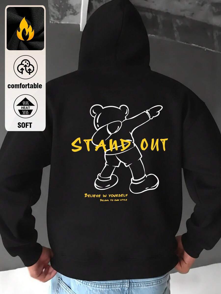 Otoño invierno caliente hoodie hombre casual patrón estampado manga larga sudadera con capucha hombre top - Negro - Ver 1