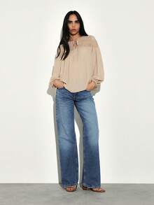 KSTM Boho Lace Yoke Peasant Blouse Long Sleeve Tie Neck Flowy Top Fall Spring Feminine Vintage Style - Camel - View 5