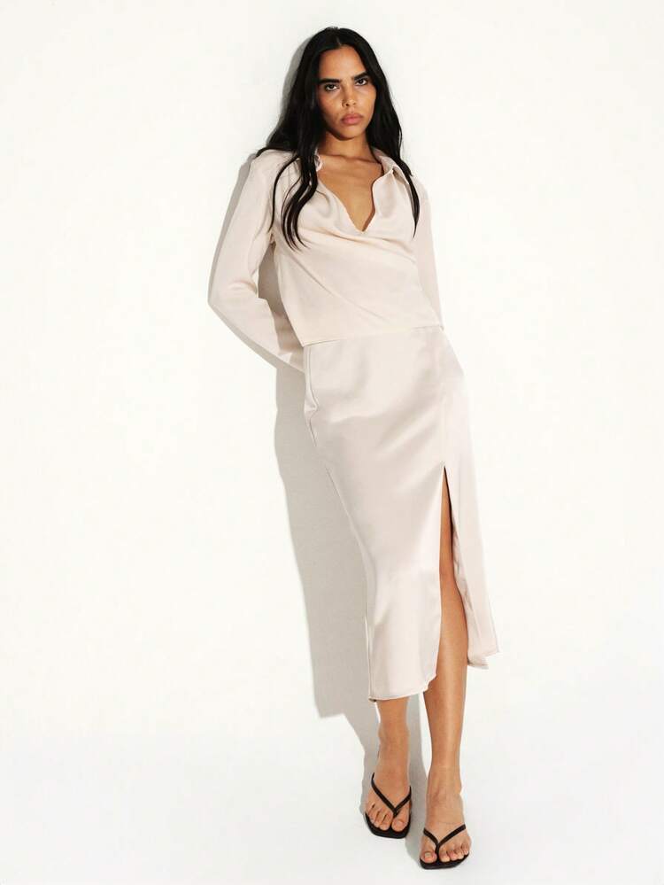 KSTM Satin Midi Skirt With Side Slit Wrap Style High Waisted Elegant Formal Party Wedding Guest Evening Office Professional Sophisticated Luxe