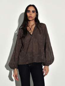 KSTM Blusa de mujer con cuello en V, manga larga, bordado floral, mangas raglán y estilo bohemio de otoño e invierno - Marrón - Ver 4