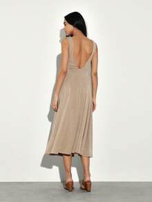 KSTM Vestido midi con detalle de anillo en el frente, cuello en V, sin mangas, corte evasé, vestido fluido con cintura imperio, vestido casual de verano - Camel - Ver 2