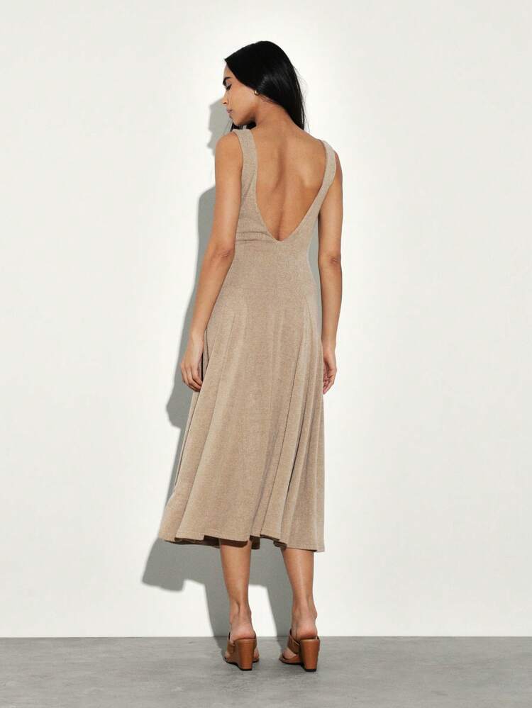 KSTM Gathered Front Ring Detail Midi Dress V-Neck Sleeveless A-Line Flowy Dress Empire Waist Casual Summer Day Dress
