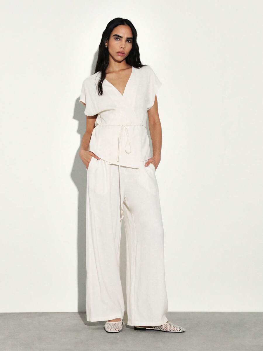 KSTM Women's Linen-Like Wrap Top And Wide Leg Pants Two Piece
